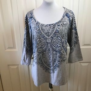 Style & Co Tribal/Indian Print Gray Blue Scoop Top